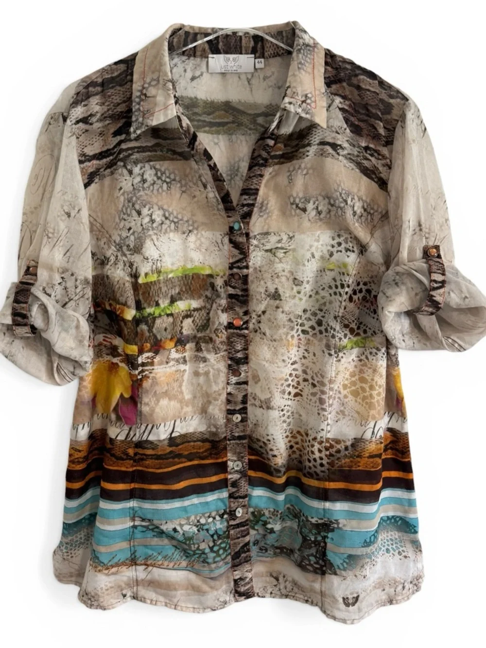 Just White SE Printed Button Down Blouse Size 44 US 14 Boho Art Top - Picture 2 of 6